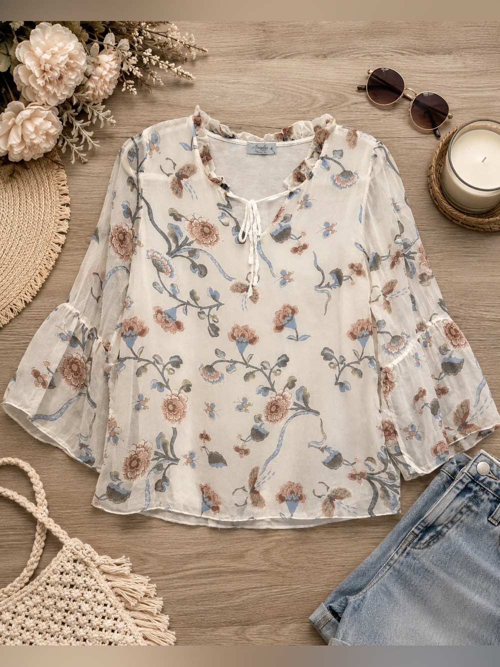 Angela Moda Made in Italy 100% Silk Floral Blouse | Sheer Tie Neck Top | Size M